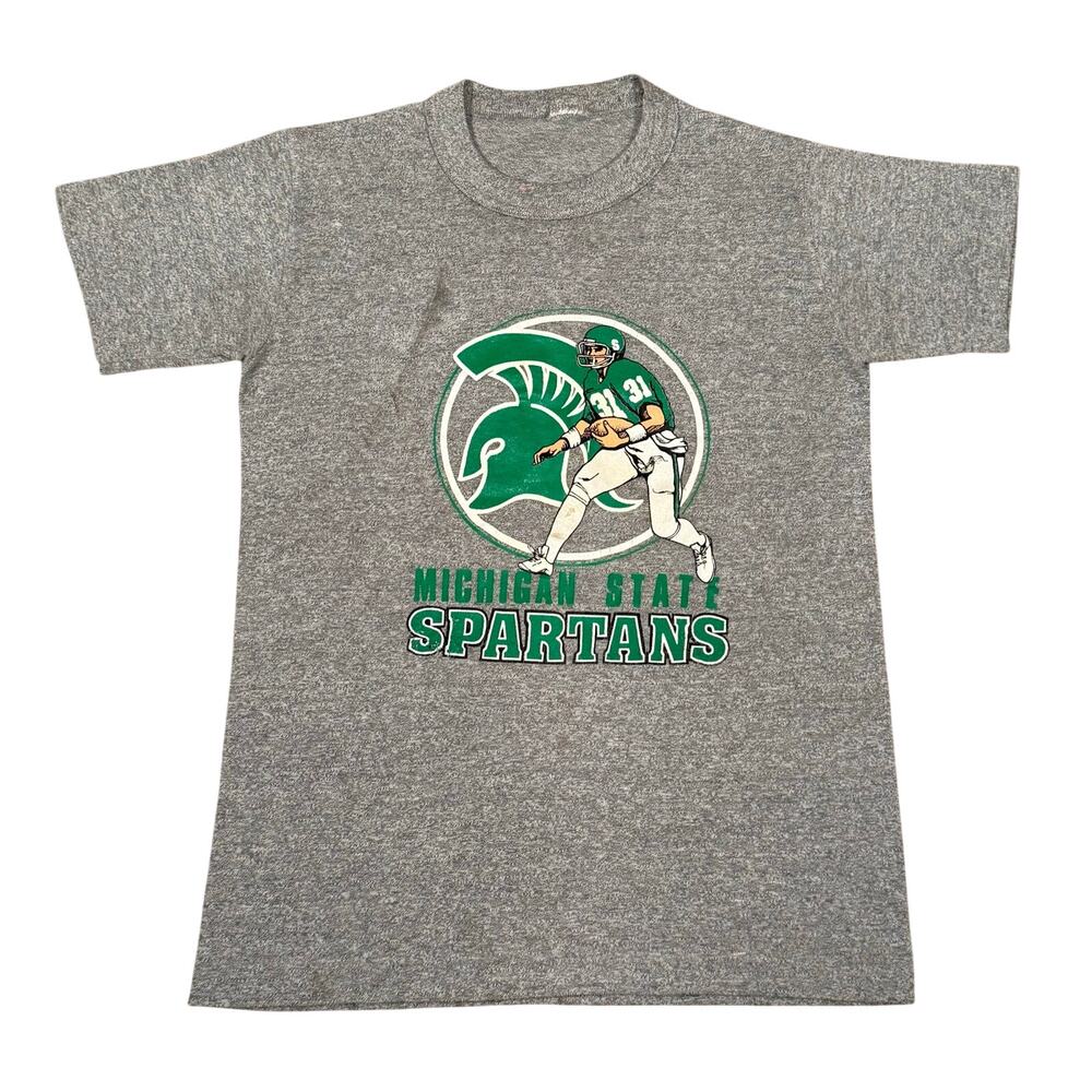 Vintage 1980s Michigan State Spartans Football Single Stitch Shirt Gray Small